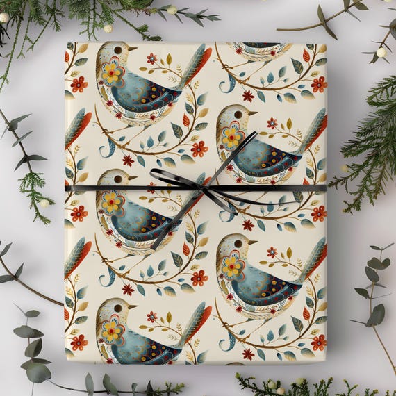 Folk Art Artisan Bird Floral Wrapping Paper Roll | Vintage Whimsical Bird Lover  Gift Wrap | Retirement, Wedding, Housewarming Present