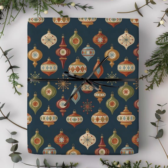Hand-painted Christmas Ornaments Gift Wrap Roll | Mid Century Modern Xmas Wrapping Paper | A Very Vintage Christmas Collection