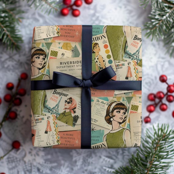 Retro 60s Glamour Gift Wrap Roll | Vintage Fashion Magazine & Boutique Wrapping Paper | Housewarming, Retirement, Birthday, Bridal Gift