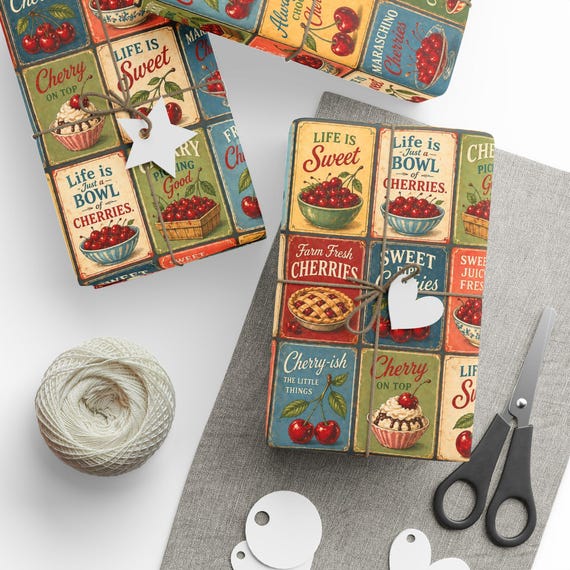 Vintage Cherry Signs Gift Wrap Roll | Retro Cherries Wrapping Paper | Large-Scale Pattern