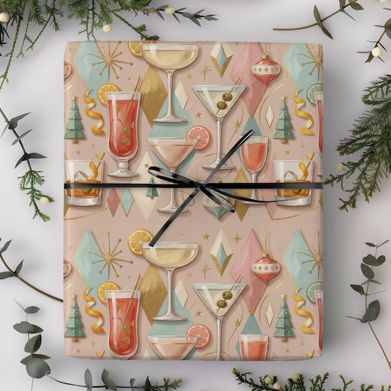 Pastel Pink Champagne Cocktail Gift Wrap Roll | Mid Century Xmas Wrapping Paper | Dreaming of a Pastel Christmas Collection
