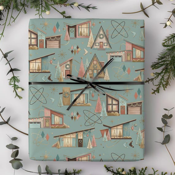 Pastel Xmas Village Gift Wrap Roll | Retro Cottage Wrapping Paper | Dreaming of a Pastel Christmas Collection