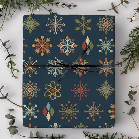Painted Snowflakes Gift Wrap Roll | Mid-century Modern Xmas Snowflake Wrapping Paper | A Very Vintage Christmas Collection