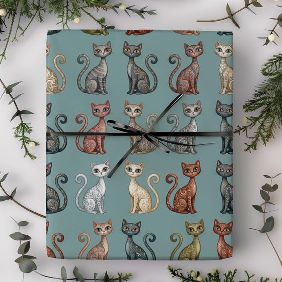 Boho Cats Gift Wrap Roll | Folksy Feline Wrapping Paper | Large-Scale Pattern
