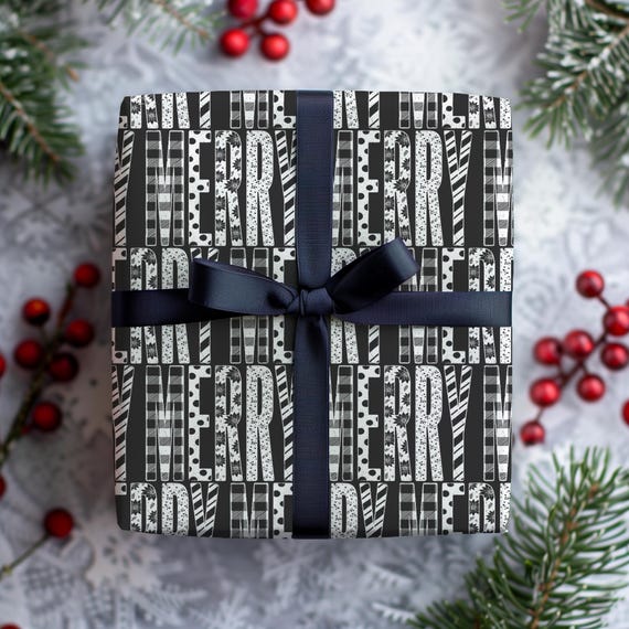 Black & White Christmas Wrapping Paper Roll | Monochrome "MERRY" Xmas Gift Wrap | Multiple Sizes