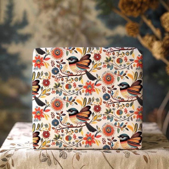 Floral Bird Wrapping Paper Roll Roll | Folk Art Botanical Gift Wrap | Retirement, Housewarming, Wedding, Graduation