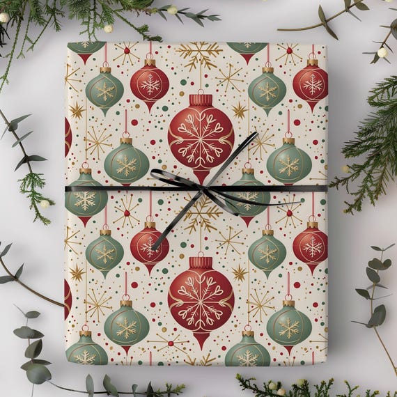 Retro Christmas Ornaments Gift Wrap Roll | Mid-Century Xmas Wrapping Paper