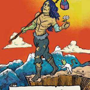 Op de afbeelding: Illustratie van een tarotkaart, "De Dwaas". Een gestikte figuur met blauw haar en versleten kleding draagt een staf en een bloem. Een klein wit wezen met een groene kop en lange tong vergezelt de figuur. De achtergrond is een zonsondergang boven bergen.