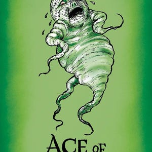 Op de afbeelding: Groene illustratie van een huilende, humano&iuml;de figuur met een bolvormig lichaam en dunne ledematen. De figuur heeft een kleine zwarte kroon en huilt tranen. De tekst "ACE of FLORA" staat eronder, tegen een groene achtergrond.