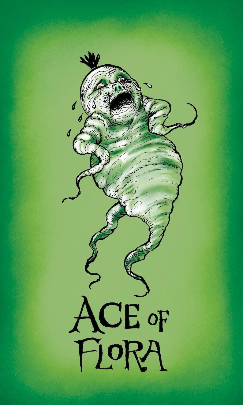 Op de afbeelding: Groene illustratie van een huilende, humano&iuml;de figuur met een bolvormig lichaam en dunne ledematen. De figuur heeft een kleine zwarte kroon en huilt tranen. De tekst "ACE of FLORA" staat eronder, tegen een groene achtergrond.