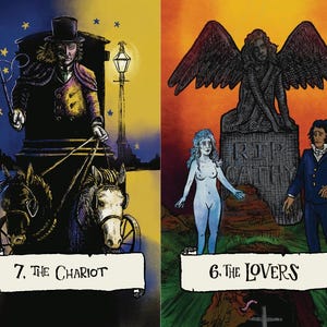 Op de afbeelding: Vier tarotkaarten met illustraties. "13. DEATH" toont een vampier en gezichten. "7. THE CHARIOT" toont een man in een koets. "6. THE LOVERS" toont figuren bij een grafsteen. "17. THE STAR" toont een vrouw met een ster.