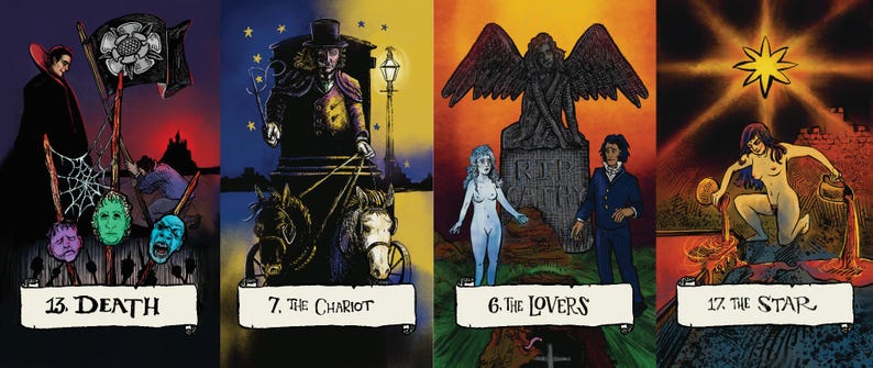Op de afbeelding: Vier tarotkaarten met illustraties. "13. DEATH" toont een vampier en gezichten. "7. THE CHARIOT" toont een man in een koets. "6. THE LOVERS" toont figuren bij een grafsteen. "17. THE STAR" toont een vrouw met een ster.