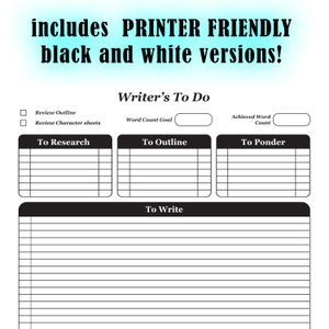 Writer's Worksheet System Fillable PDF Progress Tracker Character Sheet Novel To Do List Author Template Writing Aid Worldbuilding image 2