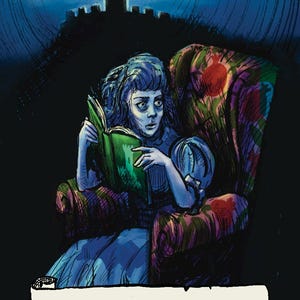 Op de afbeelding: Illustratie van een vrouw die een groen boek leest in een stoel met een patroon. Een kasteel en een halve maan zijn op de achtergrond te zien. De tekst "2. The High Priestess" staat onderaan.