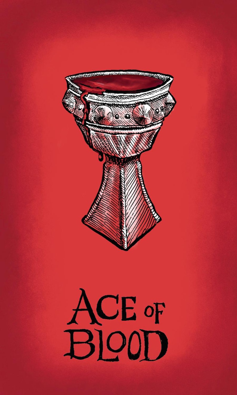 Op de afbeelding: Illustratie van een kelk gevuld met een rode vloeistof, mogelijk bloed, op een rode achtergrond. De tekst "ACE of BLOOD" staat eronder. De kelk heeft een gedetailleerd, sierlijk ontwerp.
