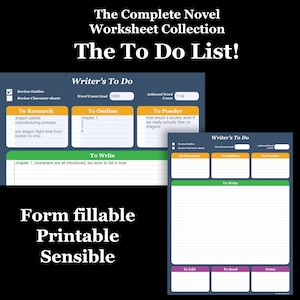 May include: A printable worksheet for writers to help them plan and organize their novel. The worksheet is divided into sections for research, outlining, pondering, writing, editing, sending, and notes. The worksheet includes a word count goal and an achieved word count.