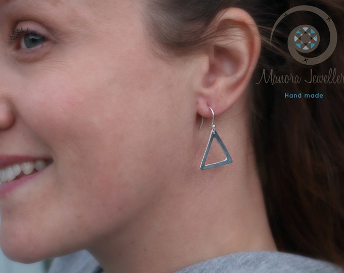 triangle silver earrings, triangle dangle earrings, fine silver geometrical drop earrings