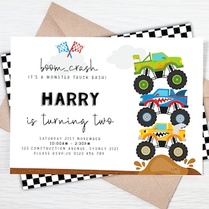 Monster truck birthday invitation. Stacked Monster truck. Customised invitation. Personalised truck invitation. Corjl. Modern party.