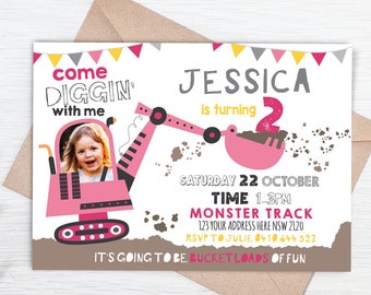 Pink digger photo invitation printable. ConstructionBirthday Party. Any Age, Boy or Girl Birthday Invitation PRINTABLE -with photo option!