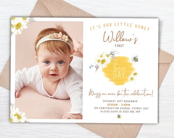 Bee invitation with photo. Birthday bee invitation. Editable bee invite. Beehive invitation. Any age. Corjl. Digital printable.