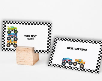 Monster truck food labels. Editable food label. Monster truck food tent cards. Corjl.