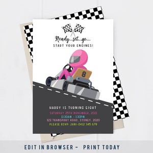 Go kart invitation. Karting party. Customised invitation. Pink kart. Personalised go kart invitation. Corjl. Printable