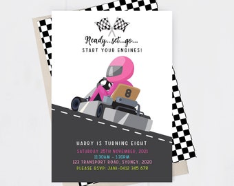 Go kart invitation. Karting party. Customised invitation. Pink kart. Personalised go kart invitation. Corjl. Printable