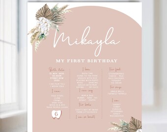 Arch milestone poster. First birthday poster. Boho grass baby milestone. Any age. Corjl. Digital printable.