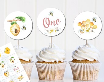 Bee cupcake toppers. Bee thank you circles. Editable bee tags. Honey bee party. Any age. Corjl. Digital printable.