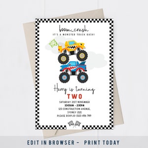 Monster truck birthday invitation. Monster trucks. Customised invitation. Personalised truck invitation. Corjl.