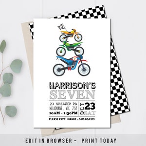 Motorbike invitation. Dirt bike birthday. Motocross birthday. Dirt bike invitation. Motorcyle birthday. Customised invitation. Corjl.