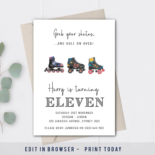 Rollerskate invitation. Skate birthday invitation. Teen birthday. Corjl invitation. Editable digital printable.