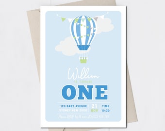 Hot air balloon invitation. Minimalist modern invitation. Blue balloon invitation. Editable invitation. Corjl.