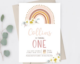 Rainbow floral Invitation. Neutral rainbow invitation. Editable Instant Download. baby Shower. Mustard Rainbow.