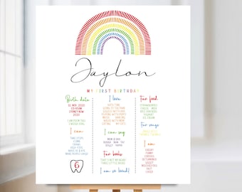 Rainbow milestone poster. First birthday poster. Colourful rainbow baby milestone. Any age. Corjl. Digital printable.