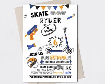 Skate invitation. Skateboard birthday invitation. Skate park invitation. Corjl invitation. Editable digital printable.