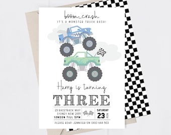 Monster truck invitation. Pastel green and blue monster truck. Customised invitation. Monster truck party decor. Corjl.