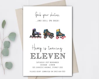 Rollerskate invitation. Skate birthday invitation. Teen birthday. Corjl invitation. Editable digital printable.