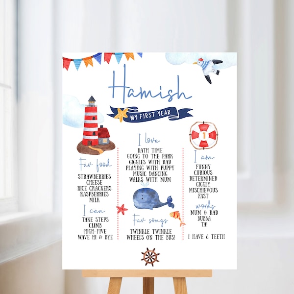 Nautical Milestone Poster. First birthday poster. Sailor milestone board. Editable digital printable.