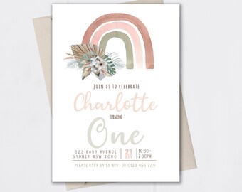 Rainbow boho invitation. First birthday rainbow invitation. Watercolour rainbow with pampas. Any age. Corjl. Digital printable.