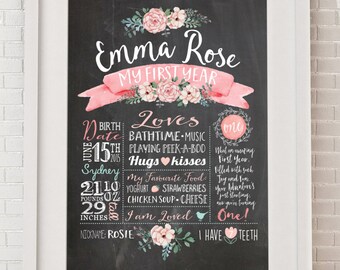 First Birthday Chalkboard Poster - Milestone Board Poster, Baby Girls First birthday party sign, Pretty Flower floral. Customised, Printable
