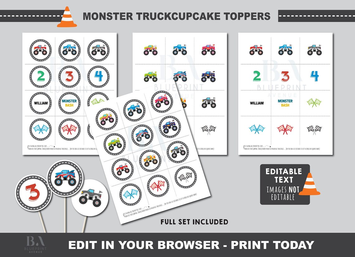 Monster truck cupcake toppers. Monster truck instant download | Etsy