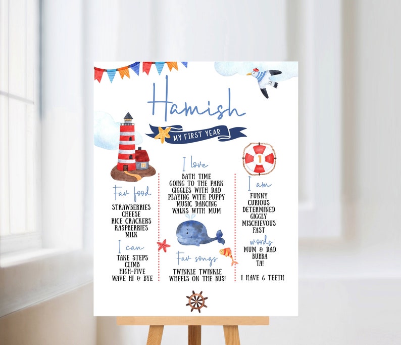 Nautical Milestone Poster. First birthday poster. Sailor milestone board. Editable digital printable. image 1