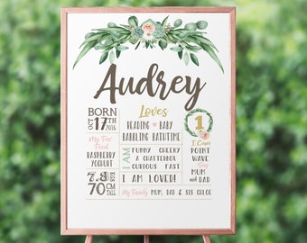 Birthday Foliage Milestone Poster, Birthday Girl Woodlands Party. Eucalyptus Succulent Foliage with gold PRINTABLE