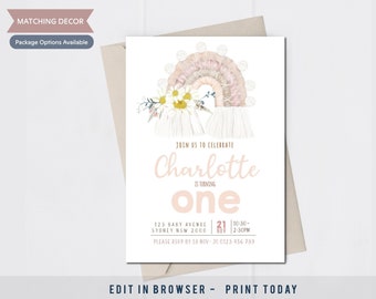 Rainbow invitation. Boho rainbow floral invitation. Editable macrame rainbow daisy invite. Any age. Corjl. Digital printable.