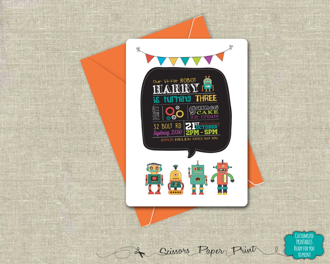 Robot Party Invitation Printable Retro Robot Birthday - Etsy