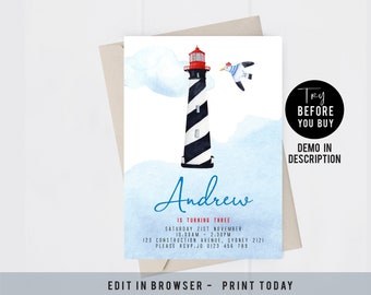 Lighthouse Invitation. Hatteras. Editable invitation. Lighthouse Customised. Corjl. Modern party. Minimalist.