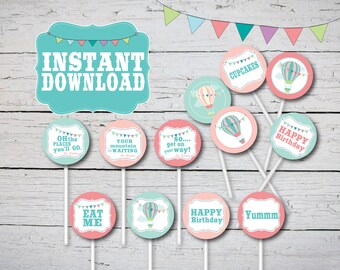 Hot Air Balloon First Birthday Cupcake Toppers, 2" inch Party Circles. Oh the Places you'll go party decorations. Girl First Birthday Party.