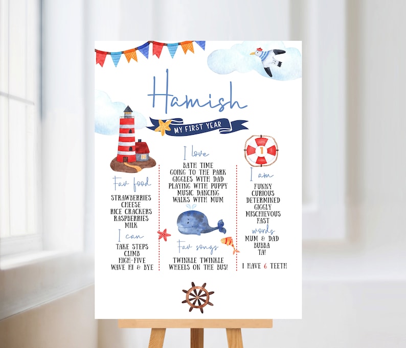 Nautical Milestone Poster. First birthday poster. Sailor milestone board. Editable digital printable. image 2