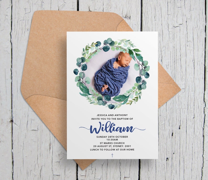 Christening Baptism Invitation. Foliage Greenery Boho Themed Etsy